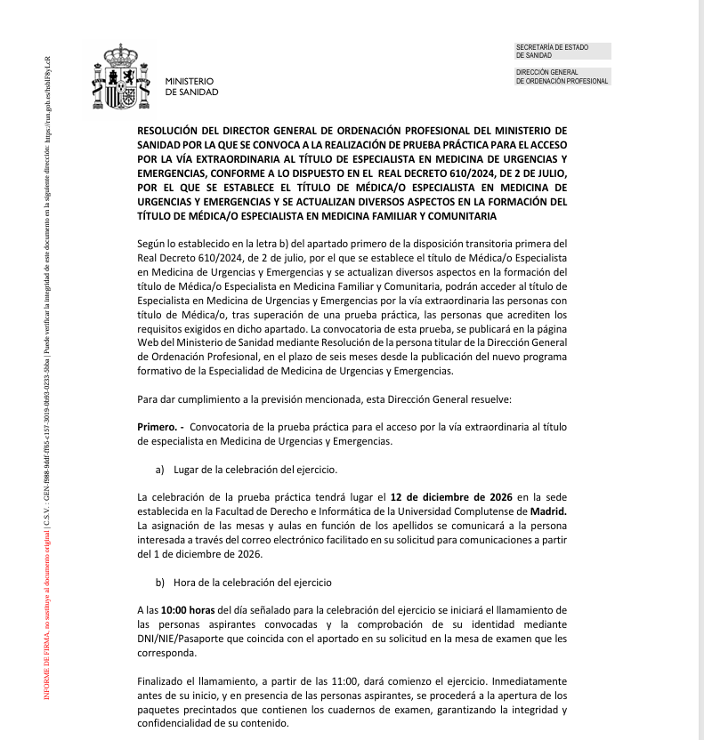 RESOLUCIÓN DE CONVOCATORIA A LA REALIZACIÓN DE PRUEBA PRÁCTICA PARA EL ACCESO POR LA VÍA EXTRAORDINARIA AL TÍTULO DE ESPECIALISTA EN MEDICINA DE URGENCIAS Y EMERGENCIAS